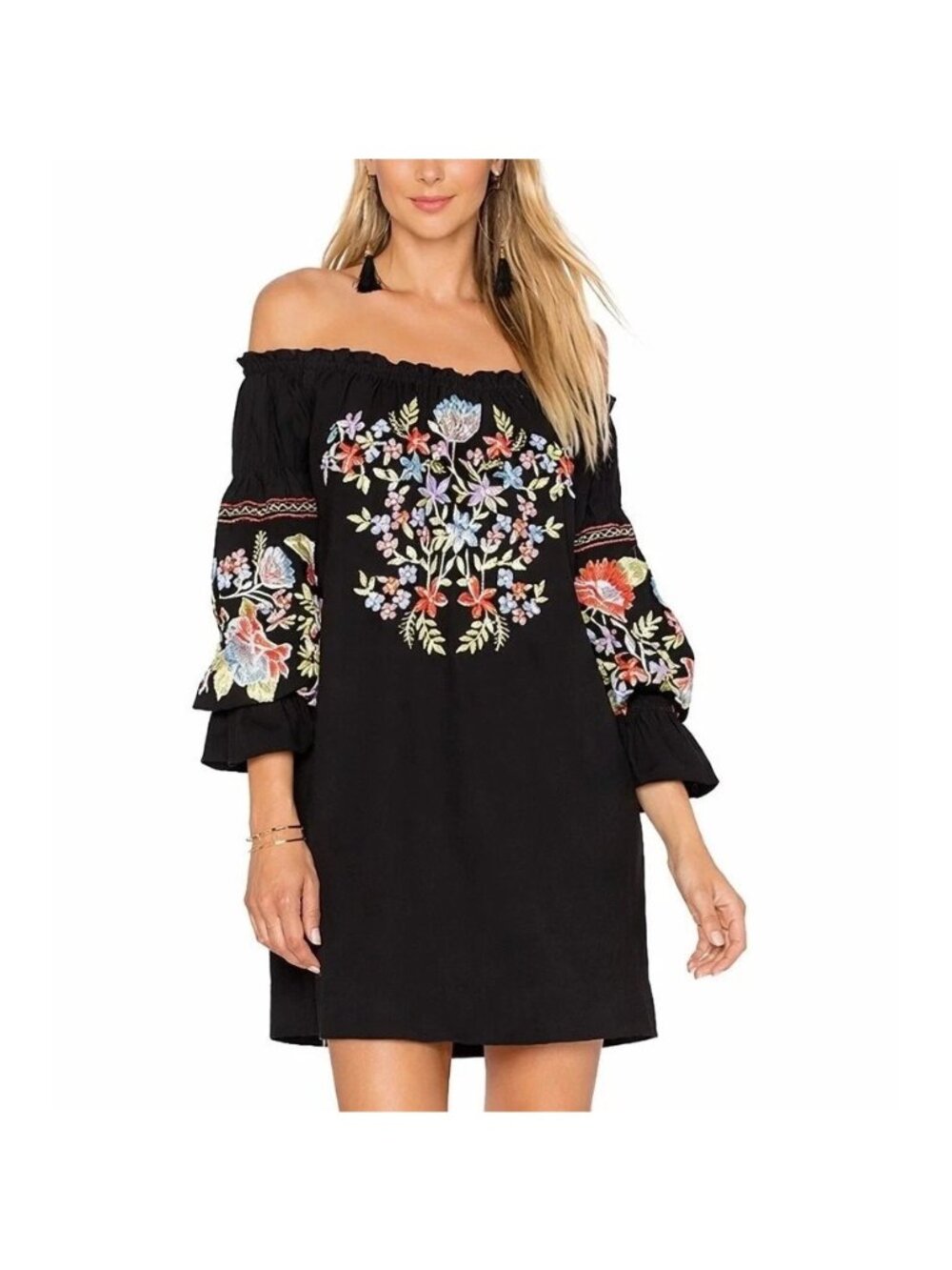 Free People Fleur Du Jour Embroidered Off Shoulder Mini Dress Black Size XS
